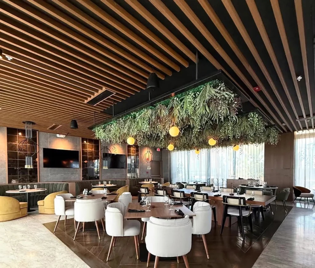 Aluminium baffle ceiling with modern design in canteen