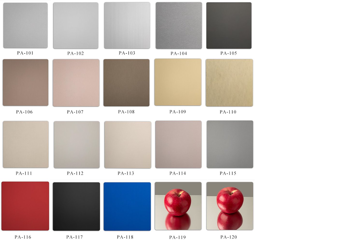 Colour chart contains multiple anodized finishes include brushed, matt and mirror surface