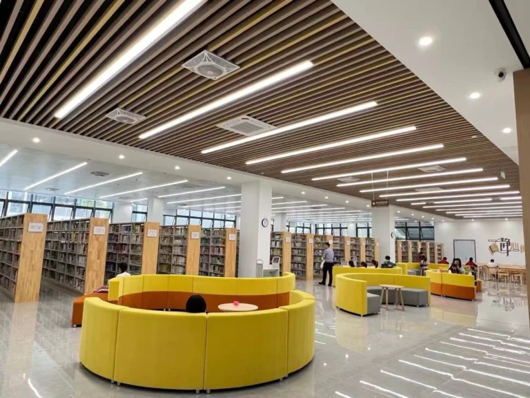 Baffle ceiling with real wood grain applied at library