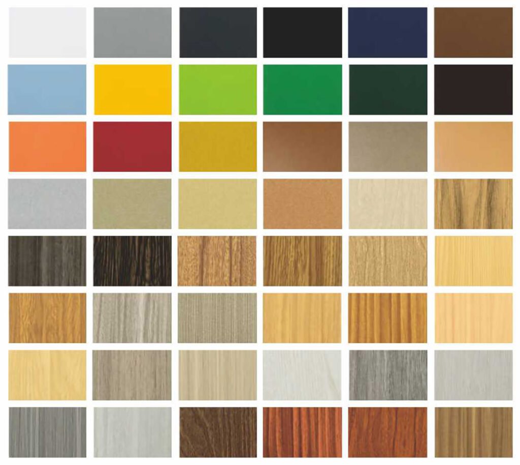 Colour chart show over 30 solid colours and wood grain