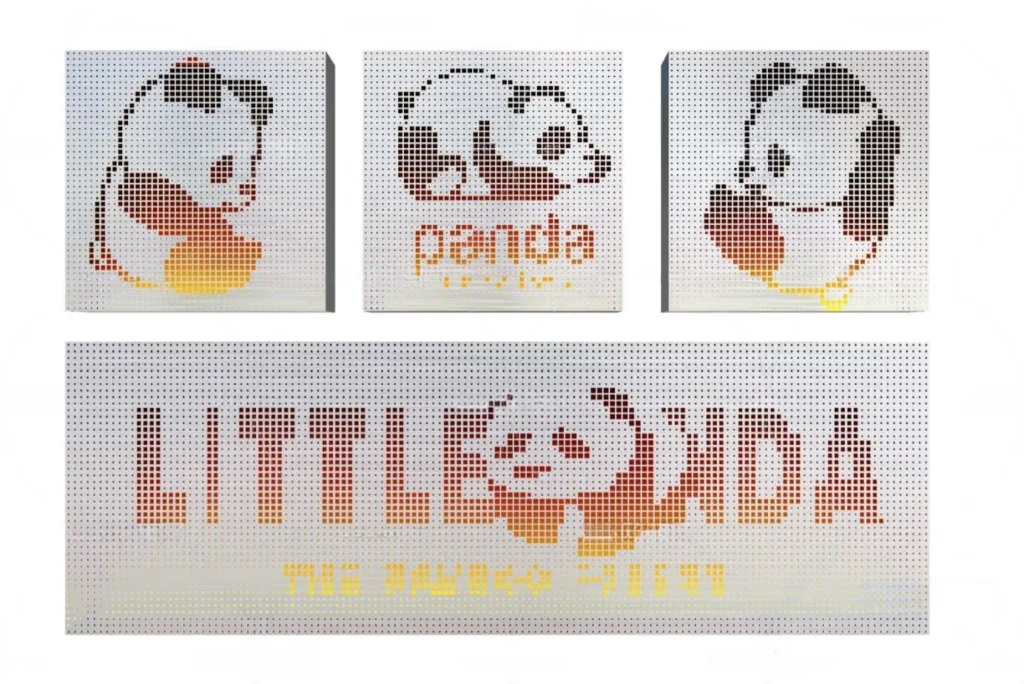 Perforated aluminium panels with pixelated panda graphics and gradient color finishes, used for decorative wall cladding.