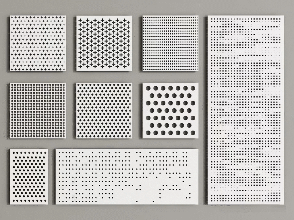 showcase of metal perforated panels with holes in different radius and arrangement