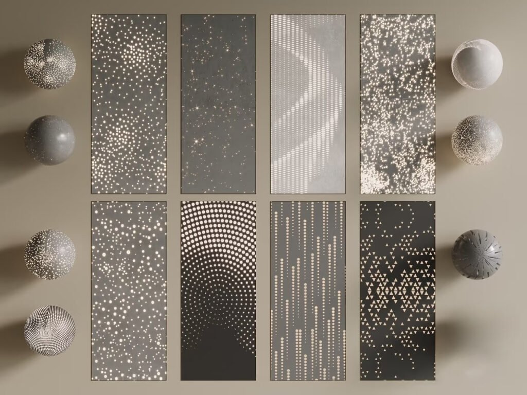 Set of decorative perforated metal panels with abstract dot and triangle patterns