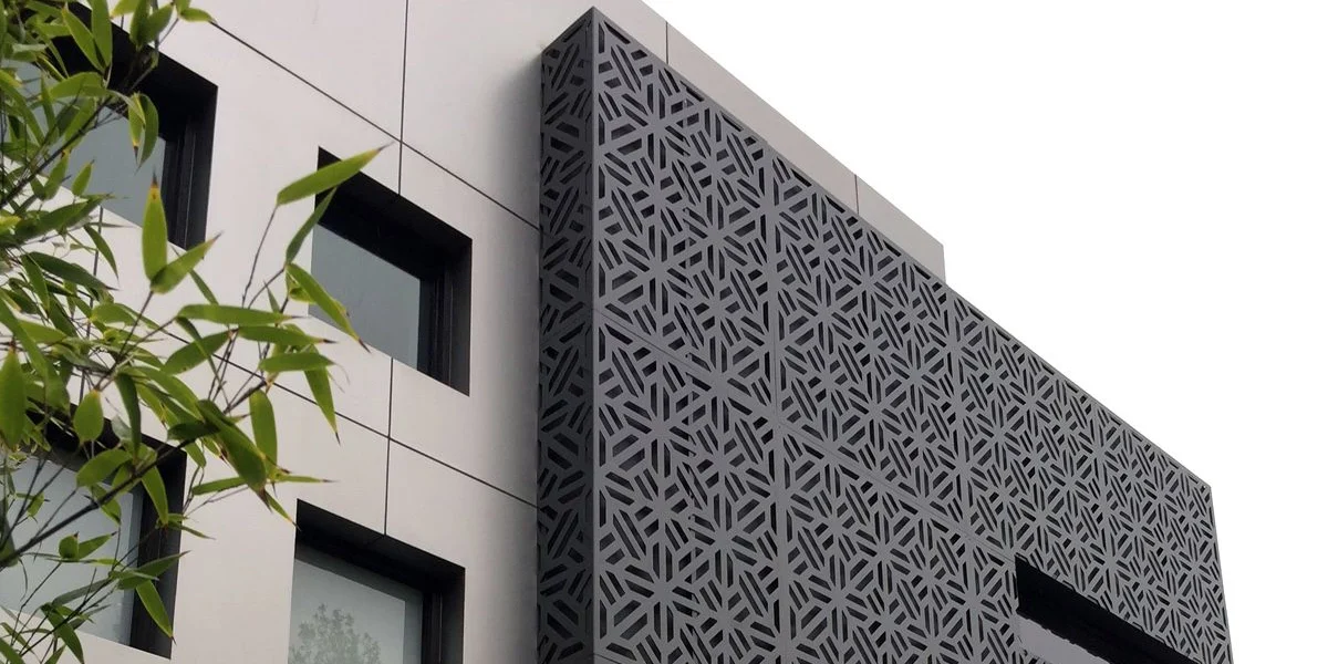 Aluminium Carved panel with metallic grey finish cut out in symmetrical geometric pattern design