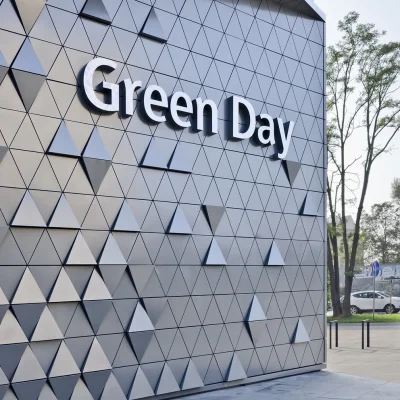 Installed aluminium panel with anodized finish as facade cladding