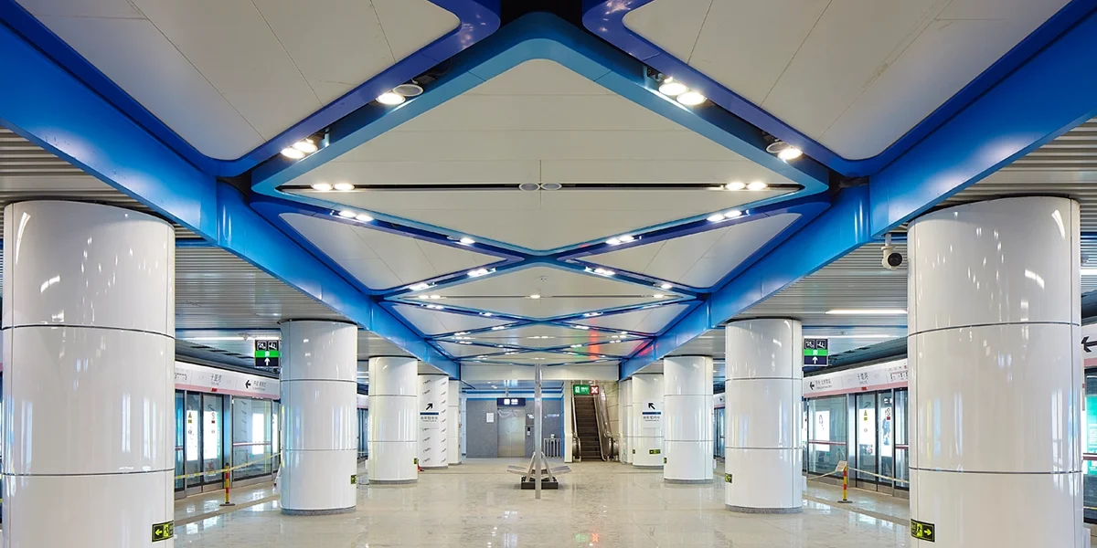 Aluminium cladding panels used as facade, ceiling and cloumn cladding in metro station