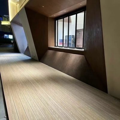 Composite floor decking installed outdoor of commercial area viewed at night