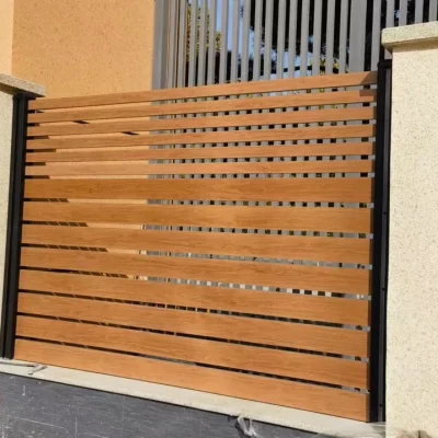 Aluminium modular fencing in wood grain installed in villa