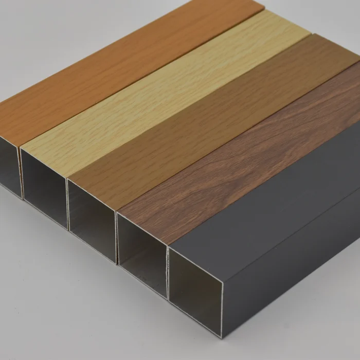 Close up of square tubes by aluminium profiles 6063-T5 available in solid colours and wood grain finishes