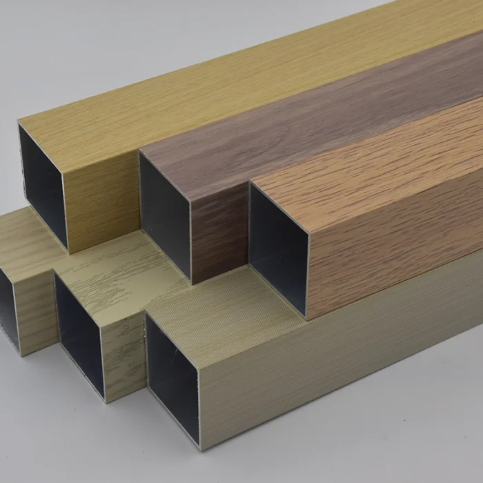 Stack up of aluminium square tubes in multiple wood grain finishes