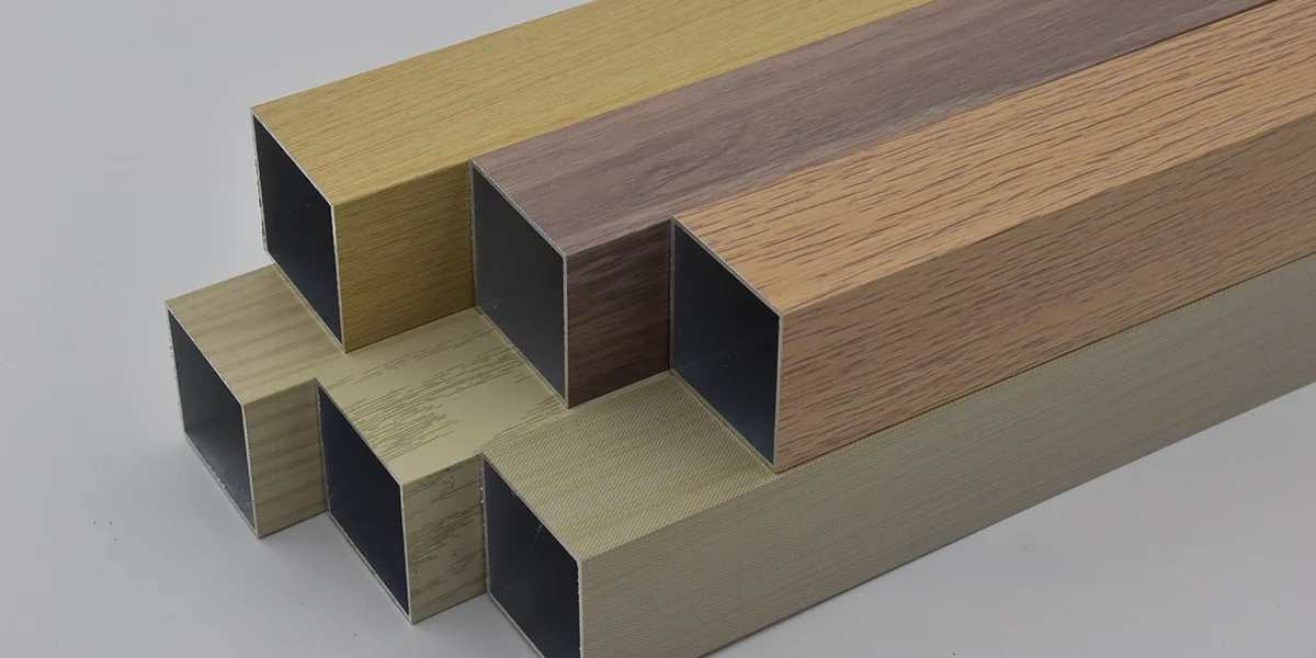 Aluminium Square Tube 05 Stack up of aluminium square tubes in multiple wood grain finishes
