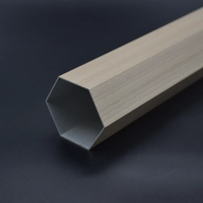 Architectural Profile Tubes 01 Details of hexgon tubes in wood grain finish used as architectural profile