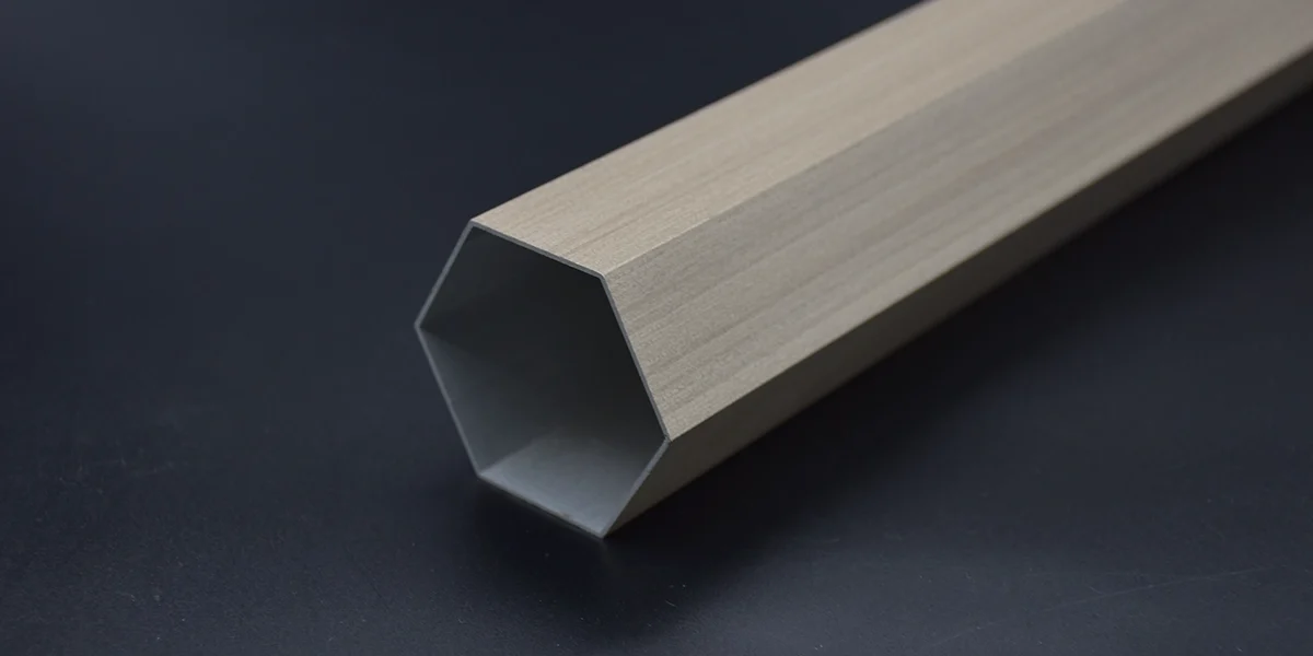 Architectural Profile Tubes 01 Details of hexgon tubes in wood grain finish used as architectural profile