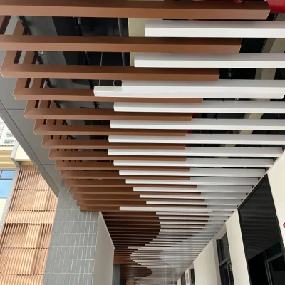 Corridor ceiling with curved white and brown aluminum baffles for architectural design effect