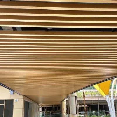 Decorative aluminum baffle ceiling with wood grain in mall corridor