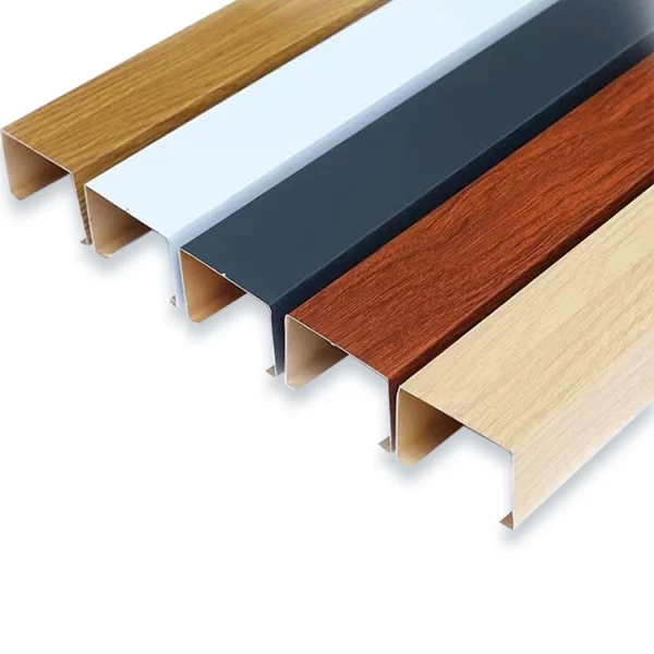 Aluminium baffle ceiling in solid colour and wood grain finishes