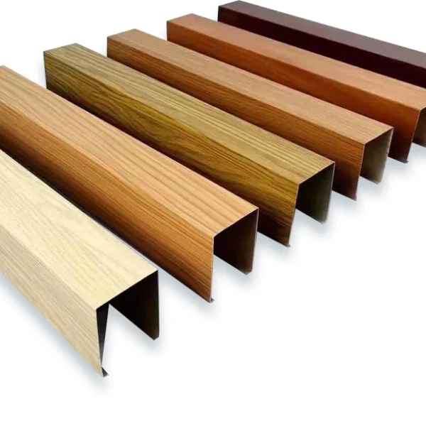 Line up of aluminium baffle ceiling in wood grain