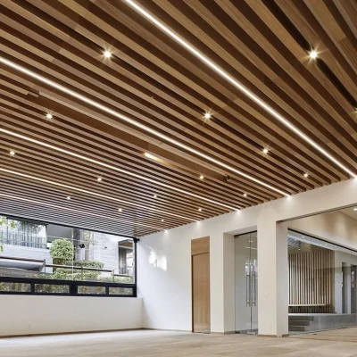 Aluminium baffle ceiling with wood grain finish