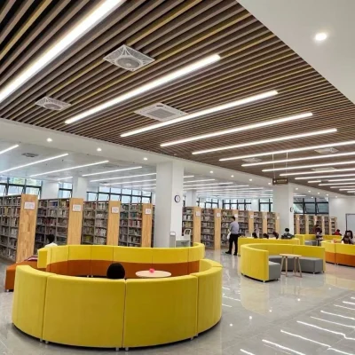 Baffle ceiling with real wood grain applied at library