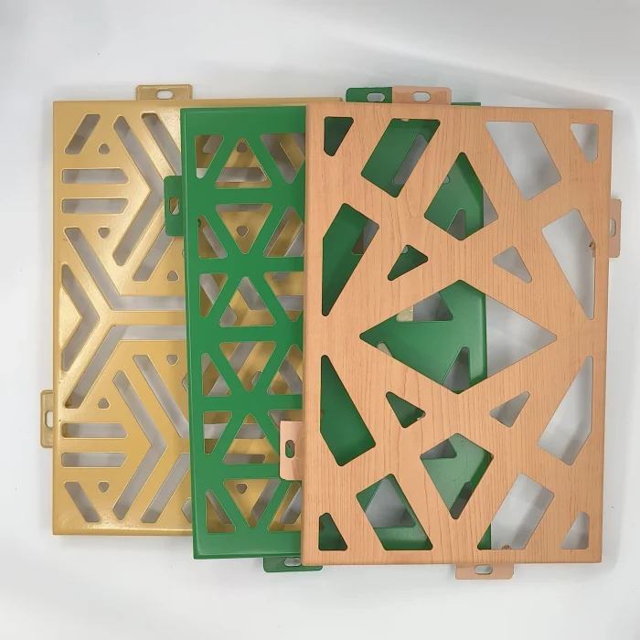 Various aluminum carved panel samples in different colors and decorative pattern