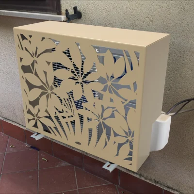 White aluminum screen for air conditioning unit featuring leaf-inspired carving design