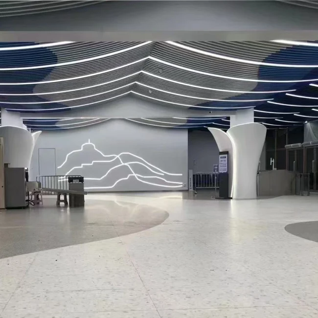 Curved ceiling in white and blue installed in transit lobby space
