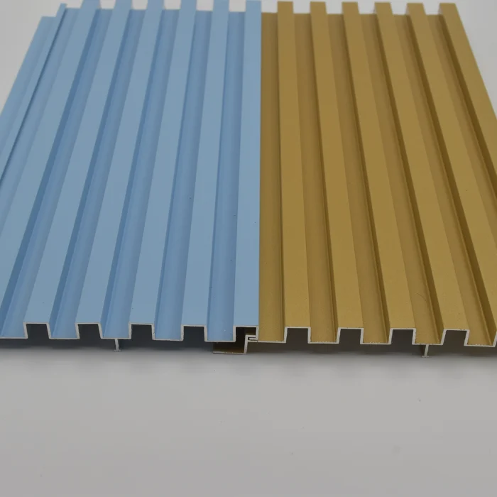 Fluted panels by aluminium 6063-T5 in light blue and gold finish