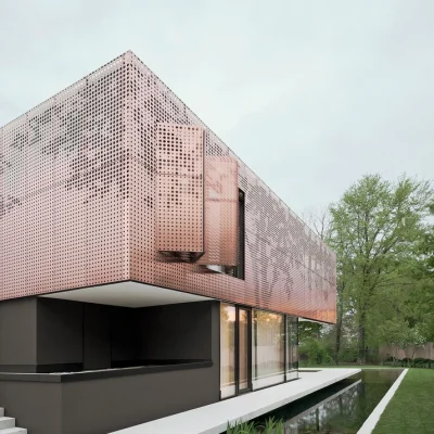 Perforated panel with unique design installed as facade cladding in private building
